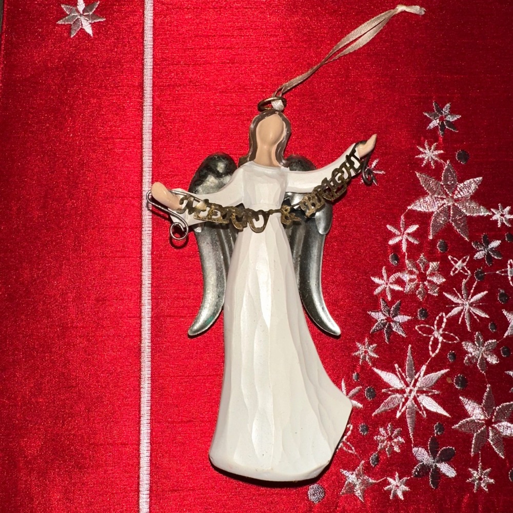 Angel Ornament Christmas Holiday Decor White Dress Silver Wings "Merry & Bright"